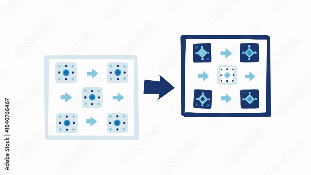 Poster diagram showing transformation of square grids with arrows and geometric patterns in blue and white 