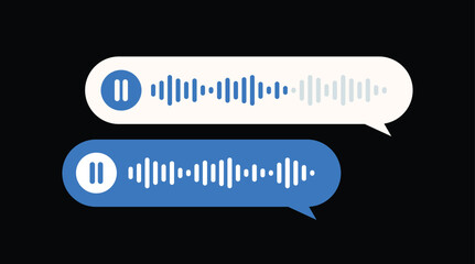 Voice message audio chat interface and black background. Audio message. Voice and audio messages. pause button Record music player Mobile app sound wave. 