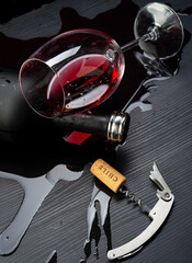 
Glass of red wine Cabernet Sauvignon from Chile supported on a bottle on the black wooden table...