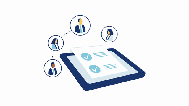 Illustration of a tablet with a checklist and connected profile avatars on a white background