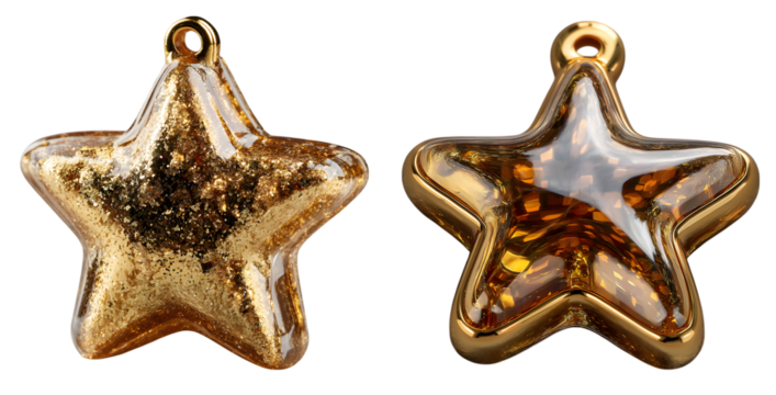 Two glittering gold and amber star ornaments, isolated on transparent background - Powered by Adobe