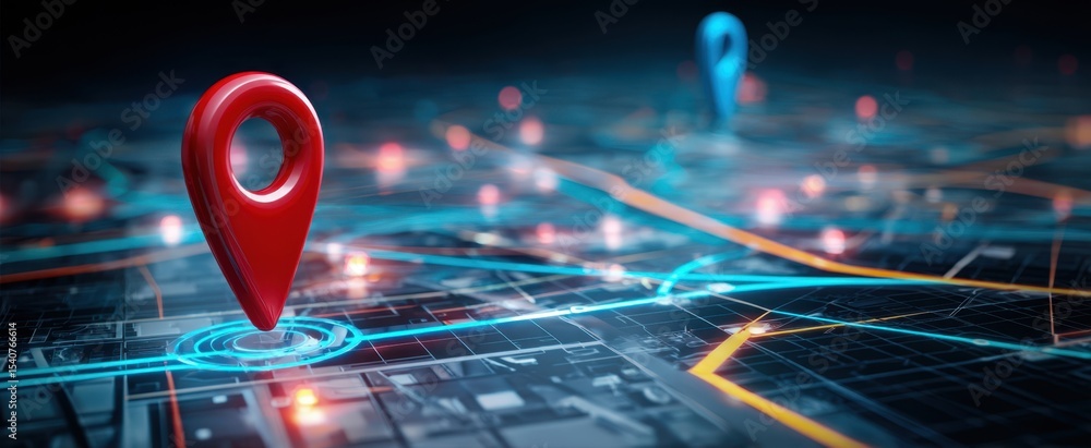 Poster the modern map with vibrant red and blue location pointers on digital background.