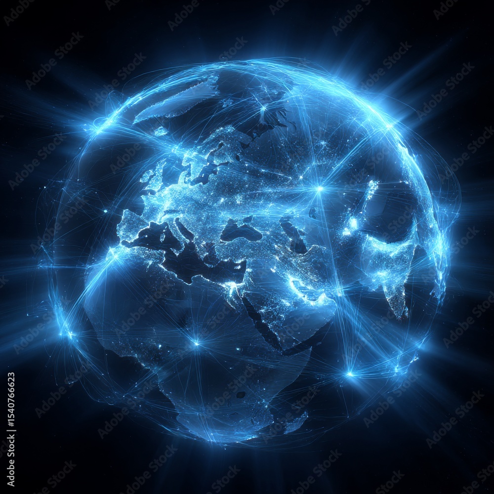 Aufkleber map of the planet. rays of energy. world map. global social network. future. vector. blue futuristic