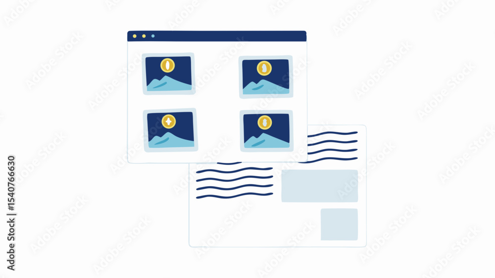 Poster illustration showing a browser window with pictures and a postcard with lines and text boxes near it
