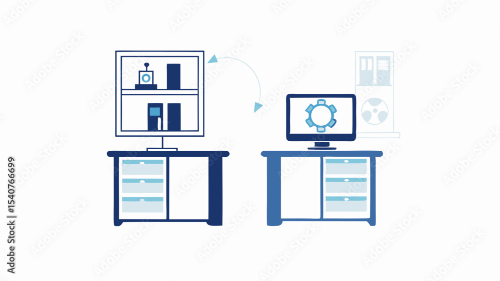 Poster data migration depicted with computers, shelves, and arrow showing transfer of information process f