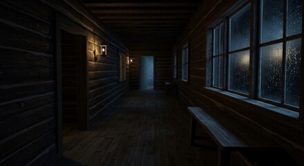 Rainy night in wooden corridor
