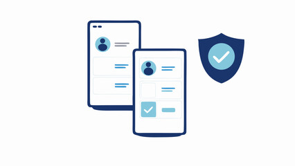 Two mobile phones showing user profiles with a security shield and check mark icon nearby