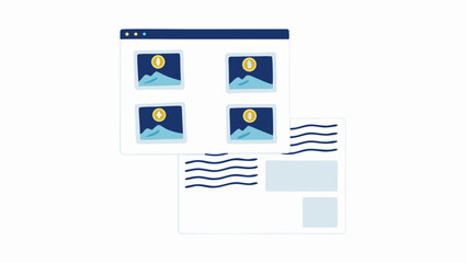 Illustration showing a browser window with pictures and a postcard with lines and text boxes near it