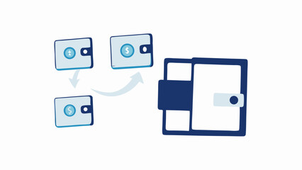 Illustration of digital wallets transferring currency to a larger central wallet system