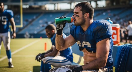 Sweaty Football Player Hydrating During Break On Sideline With Teammate, Recovering From Game In Stadium Under Warm Sunlight Outdoors