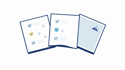 Three tilted sheets of paper showing checklists and a mountain icon in a simple style