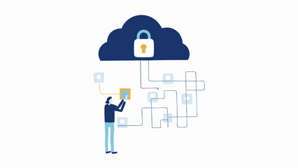 Illustration showing a person interacting with a cloud computing network with security lock icon