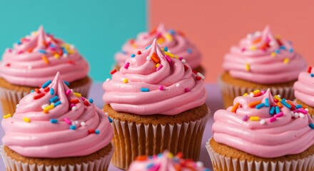 Pink Sprinkled Cupcakes Delight - A close-up shot of several delicious pink cupcakes topped with colorful sprinkles, perfect for birthdays or celebrations