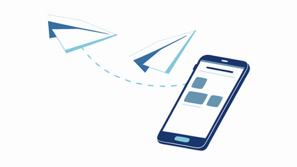 Illustration of paper planes flying from a smartphone screen with a simple interface design shown