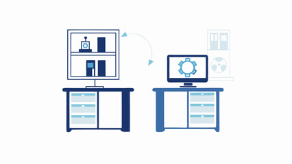 Data migration depicted with computers, shelves, and arrow showing transfer of information process flow