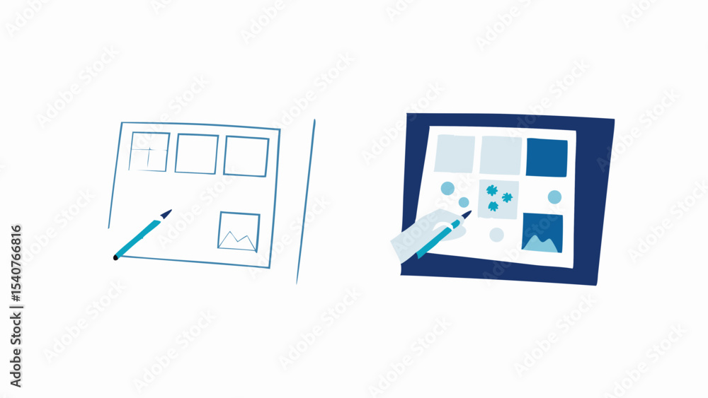 Poster illustration of a tablet and paper with sketches and a stylus for digital design concept creation