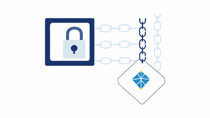 Illustration of a padlock inside a square connected by chains to a diamond shape design element