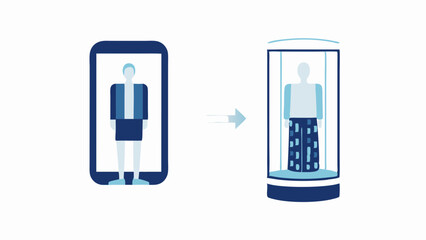 Person on phone transforming into a mannequin inside a display case with arrow pointing to it