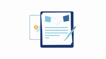 Illustration of a business contract with handshake and pen next to a coin on a white background