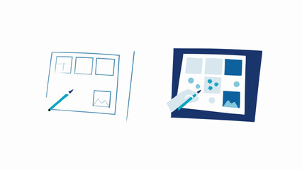 Illustration of a tablet and paper with sketches and a stylus for digital design concept creation