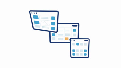 Three overlapping web browser windows displaying different data visualizations and layouts