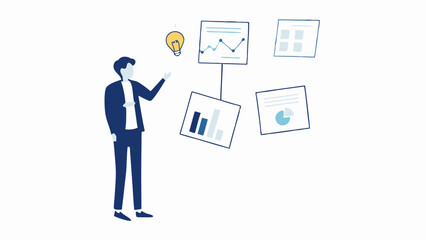 Man presenting business data charts and light bulb idea on a white background illustration