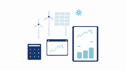 Illustration showing renewable energy sources with charts and a calculator present in the scene