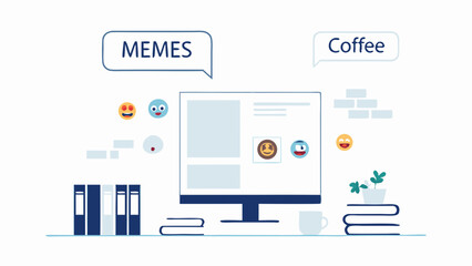 Illustration of a computer with memes and coffee bubbles, books, and emojis in a bright workspace