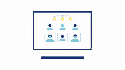 Illustration of a video conference call displayed on a monitor with participants shown on the screen