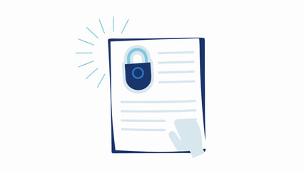 Illustration of a secure document with a padlock and lines of text on a white background