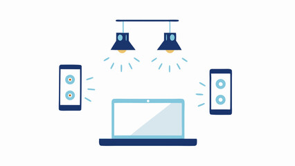 Illustration of a laptop with two smartphones and two lamps on a white background setting scene