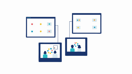 Illustration of four interconnected screens displaying digital collaboration and communication tools