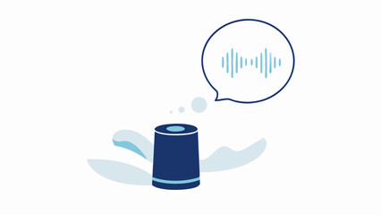 Illustration of a smart speaker with a sound wave in a speech bubble on a white background