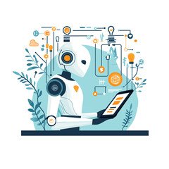 Obraz premium Robot holding tablet with tech icons and innovation background