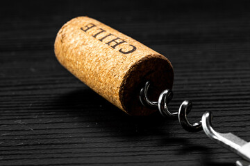
Close-up of a cork with the CHILE country mark attached to a corkscrew