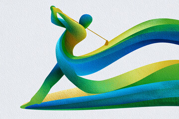 A dynamic figure swings a golf club amid vibrant green and blue waves, capturing the essence of the sport and movement