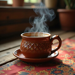 Steaming Hot Coffee in a Rustic Terracotta Cup