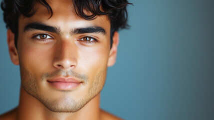 Portrait of a young male hispanic latin model, age 25, attractive man, publicity poster for skin care. Copy space available. blue background.