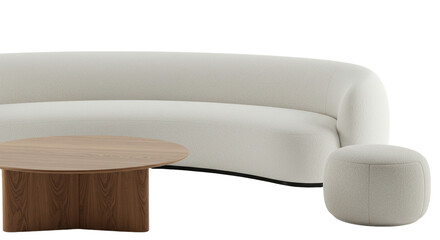 A minimalist interior featuring a white sofa, ottoman, and a round wooden coffee table design style