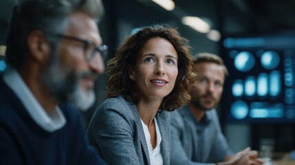 Confident business woman smiling and focused listens attentively in a modern tech office meeting collaborating with diverse colleagues discussing future strategy