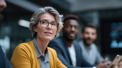 Successful mature businesswoman looking at camera leading diverse team collaboration in modern office meeting discussing business strategy and technology innovation