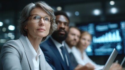 Mature businesswoman leads serious diverse team meeting analyzing data statistics on screens in modern office boardroom discussing future strategy plans