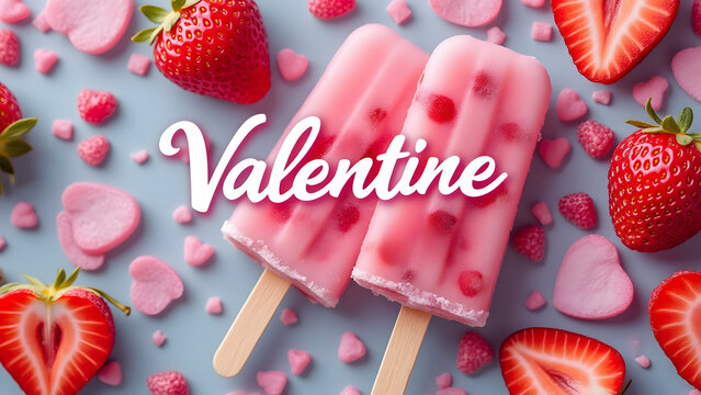 Strawberry popsicle with heart shaped candies and fresh strawberries on blue background, creating romantic and sweet Valentine vibe