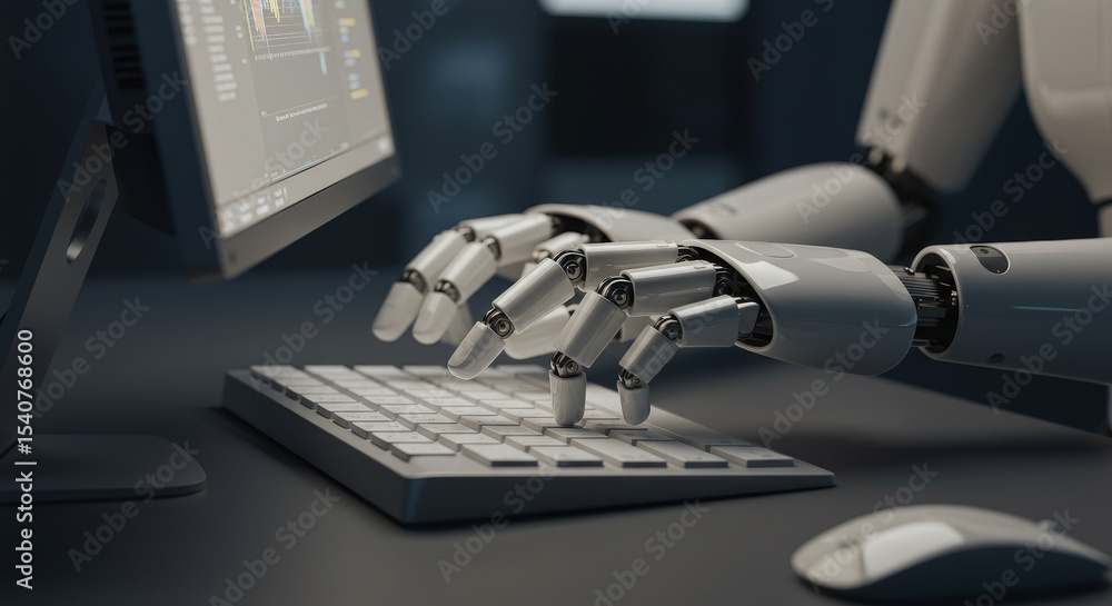 Poster robotic automation in office work - close-up of robotic hands typing on a keyboard, showcasing autom