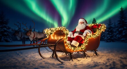 Santa Claus in Sleigh Under Northern Lights Conveying Festive Joy and Holiday Magic on a Snowy Winter Night with Reindeer in the Background