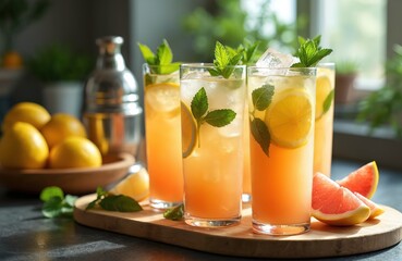 Fototapeta premium Refreshing cold citrus fruit cocktails on wooden board. Lemonade with ice cubes, fresh mint leaves, grapefruit slices. Summer refreshment, bar drinks, healthy food for party and vacation.