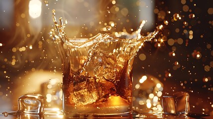 Whiskey glass with ice and splash.