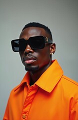 Fototapeta premium Handsome black man wearing sunglasses. Guy in fashionable orange shirt, stylish eyewear. Studio portrait of african american person. Trendy, modern fashion photography with confident look.