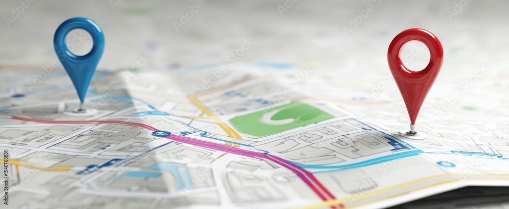 Poster the colorful location markers on a detailed city map showcasing navigation and exploration.