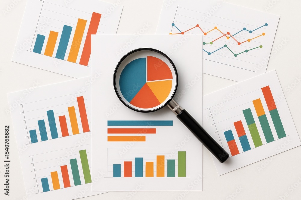 Poster magnifying glass highlights a pie chart amid various colorful bar and line charts on scattered sheet